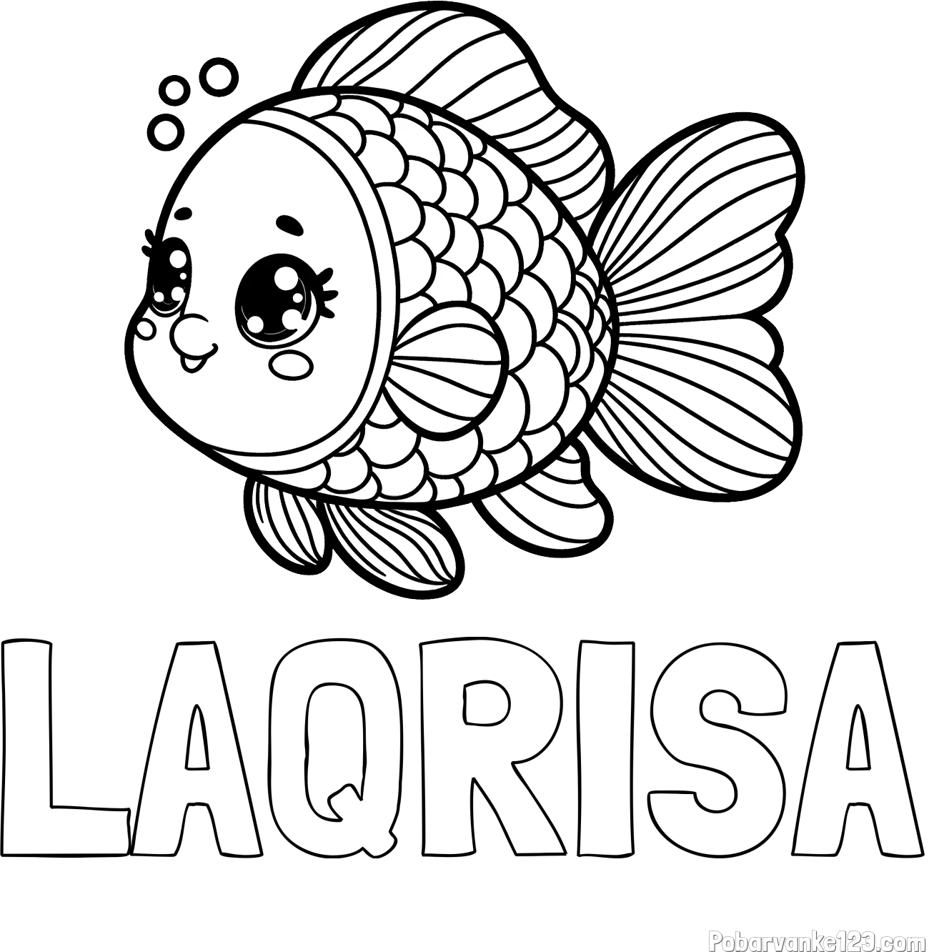 Pobarvanka imena LAQRISA in pobarvanka ribe z bujnimi plavutmi