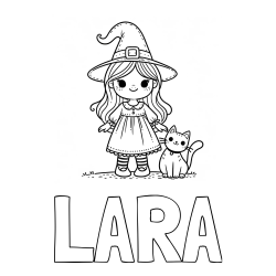 Pobarvanka imena LARA in Čudovita pobarvanka ljubke čarovnice in nasmejane mačke