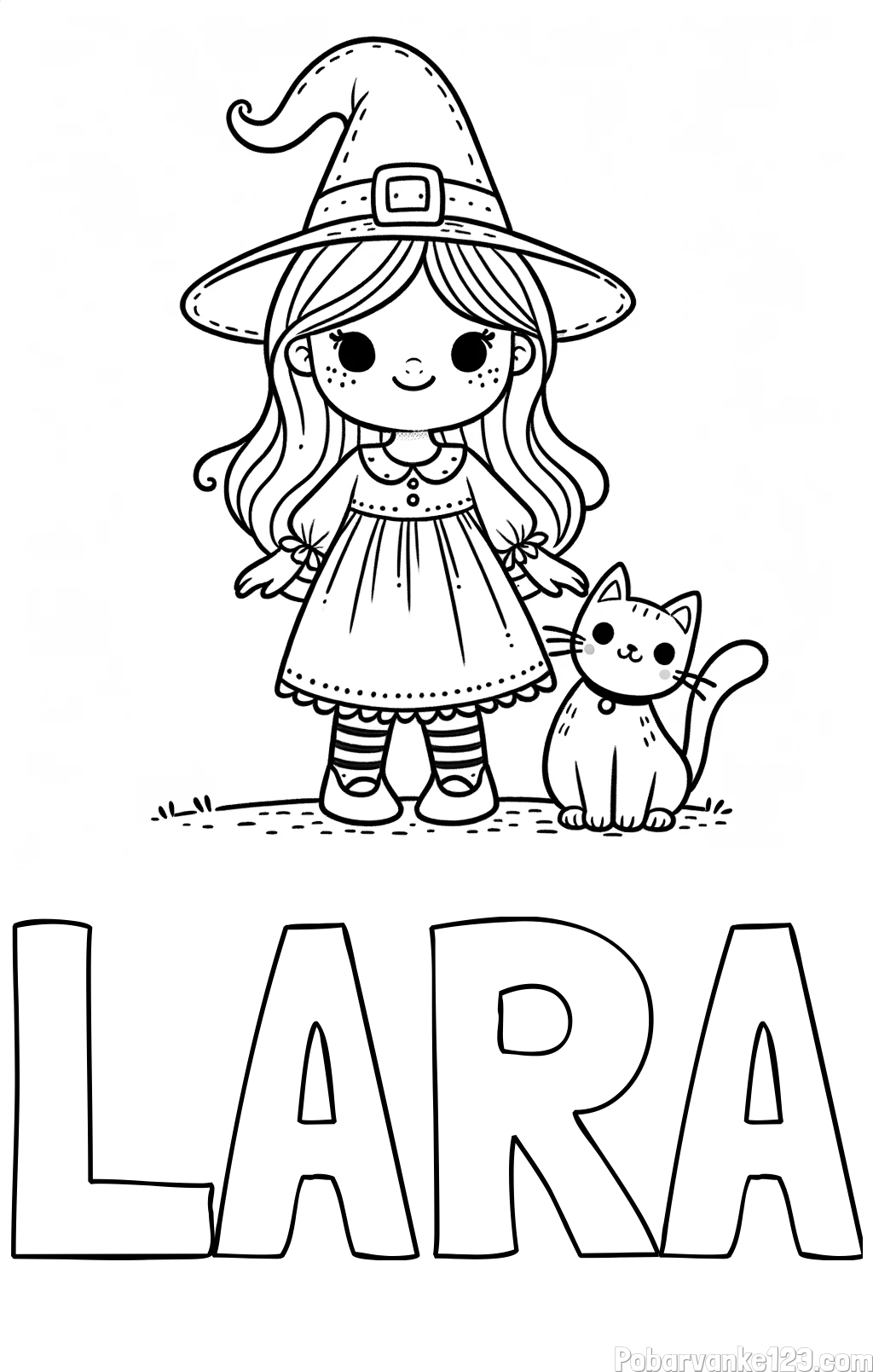 Pobarvanka imena LARA in Čudovita pobarvanka ljubke čarovnice in nasmejane mačke