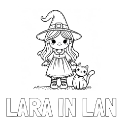 Pobarvanka imena LARA IN LAN in Čudovita pobarvanka ljubke čarovnice in nasmejane mačke