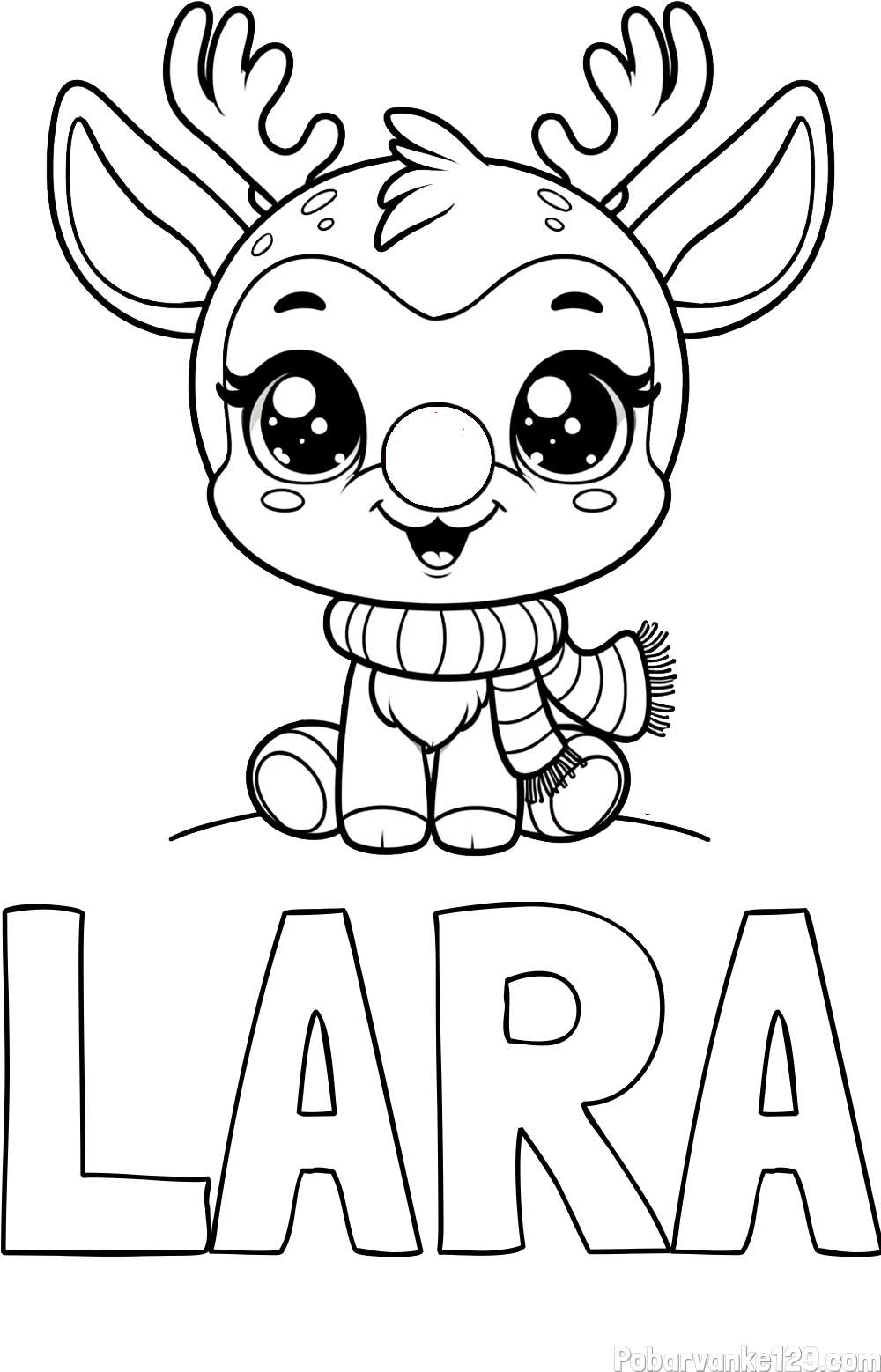 Pobarvanka imena LARA in otroška pobarvanka jelenčka Rudolfa s šalom okoli vratu