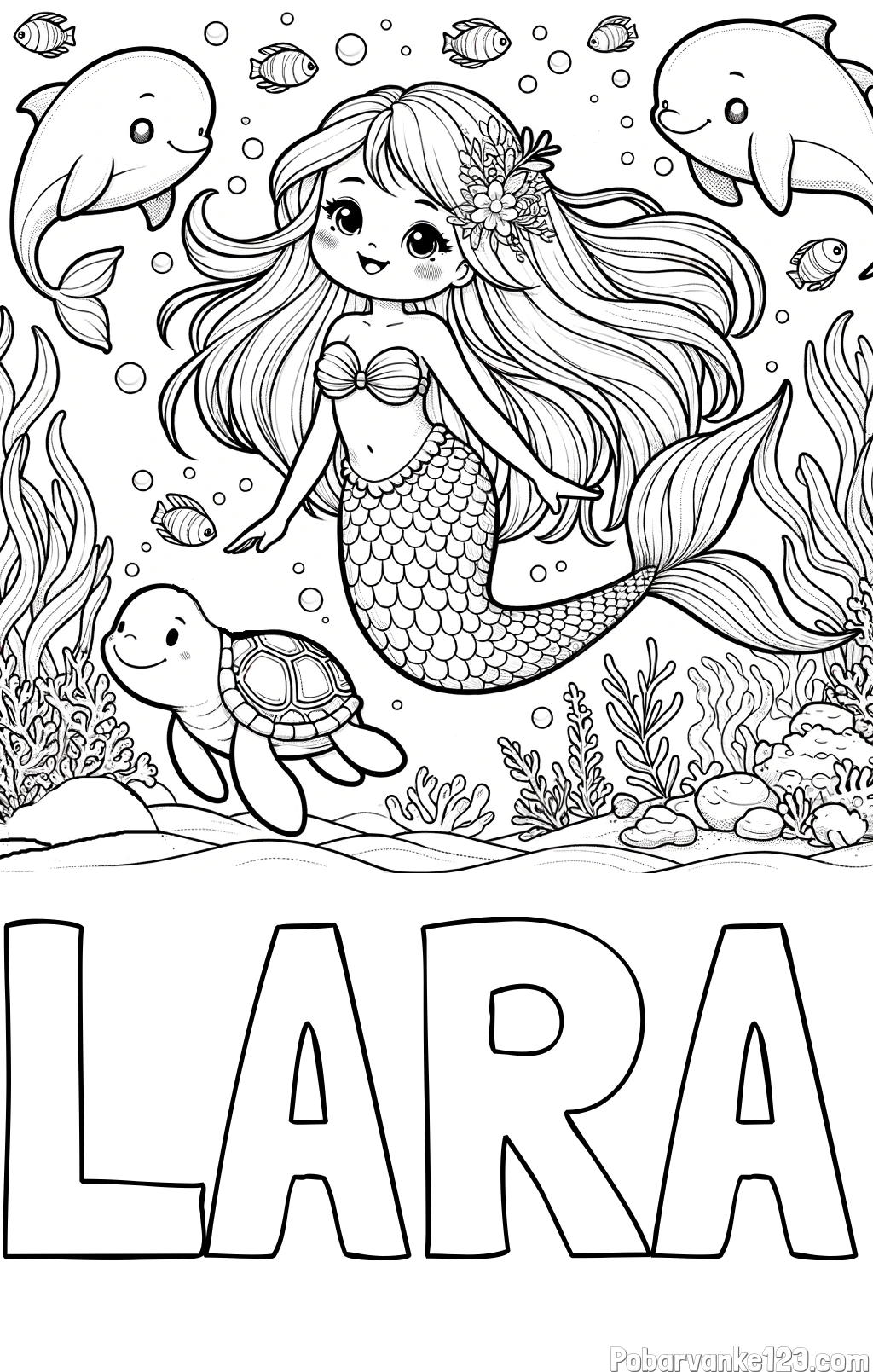 Pobarvanka imena LARA in pobarvana ljubke morske deklice s prijatelji