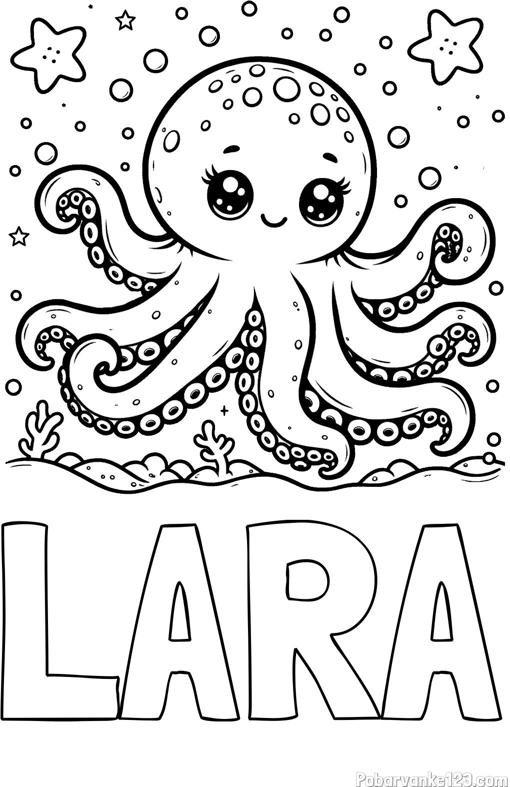 Pobarvanka imena LARA in pobarvanka hobotnice v morju obdane z morskimi zvezdami