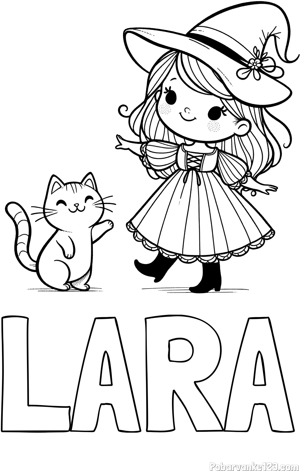 Pobarvanka imena LARA in pobarvanka ljubke čarovnice ter podrednega mačka