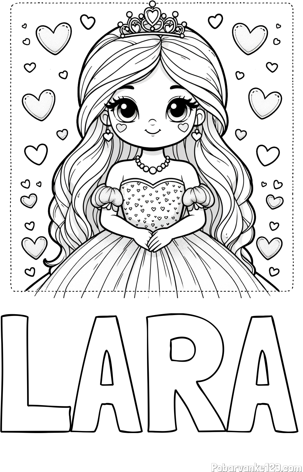 Pobarvanka imena LARA in pobarvanka ljubke princese obdane s srčki