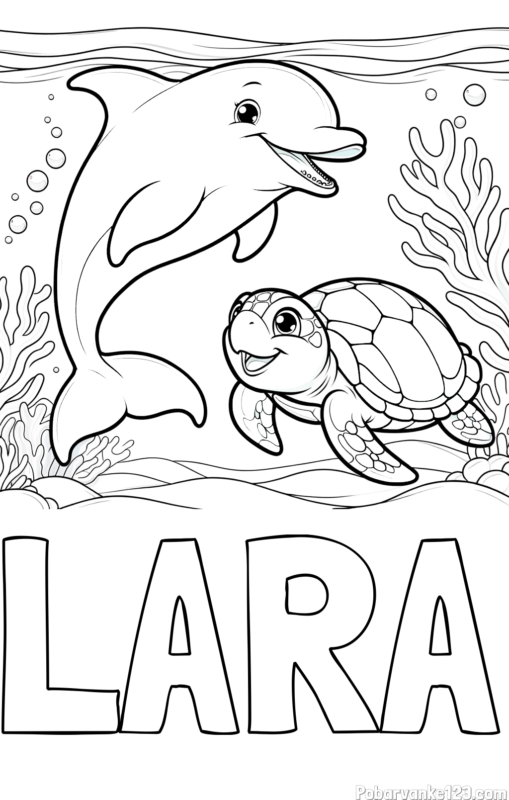 Pobarvanka imena LARA in pobarvanka ljubkega delfina z želvo v morju