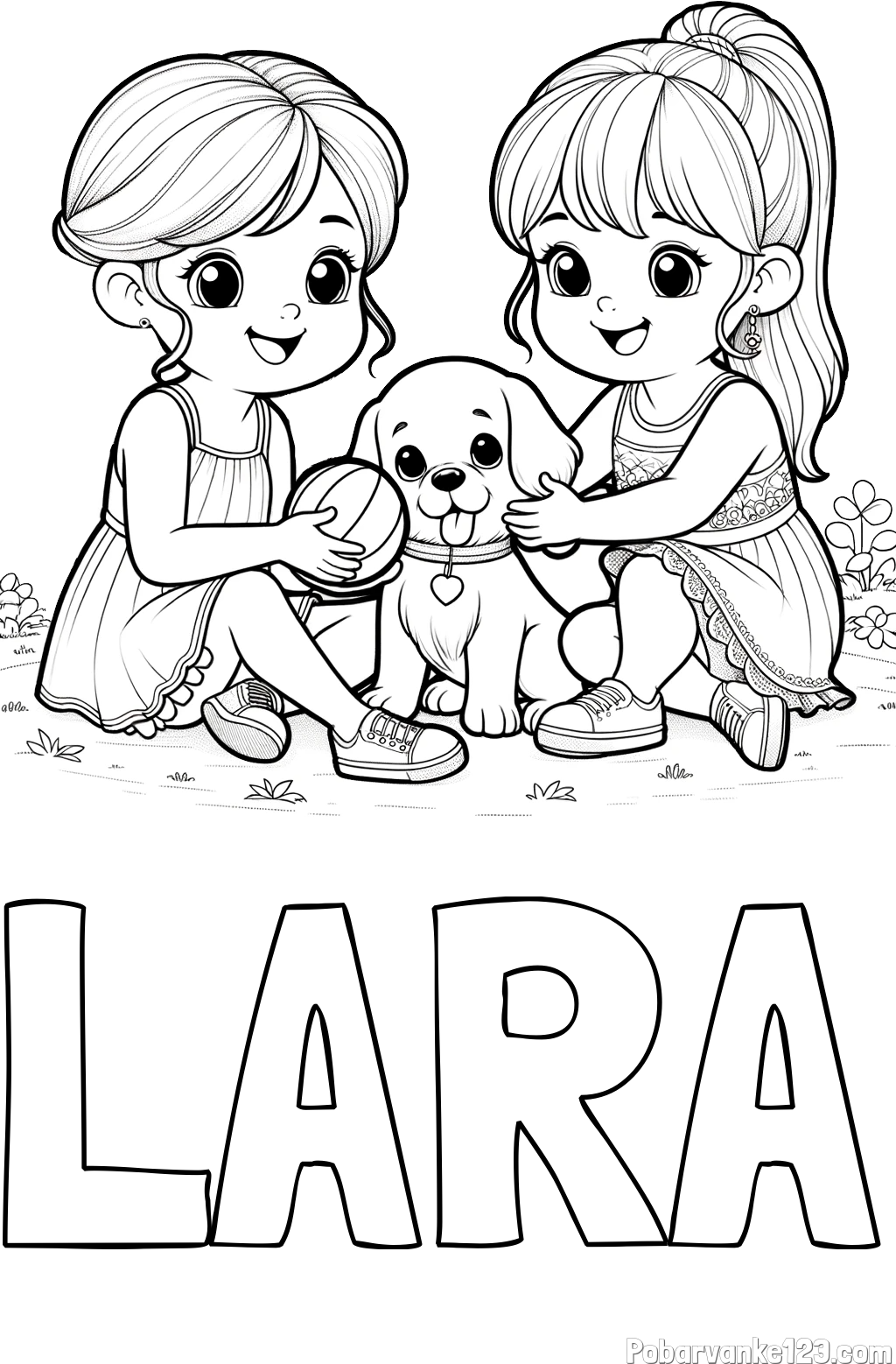 Pobarvanka imena LARA in pobarvanka prijateljic s kužkom