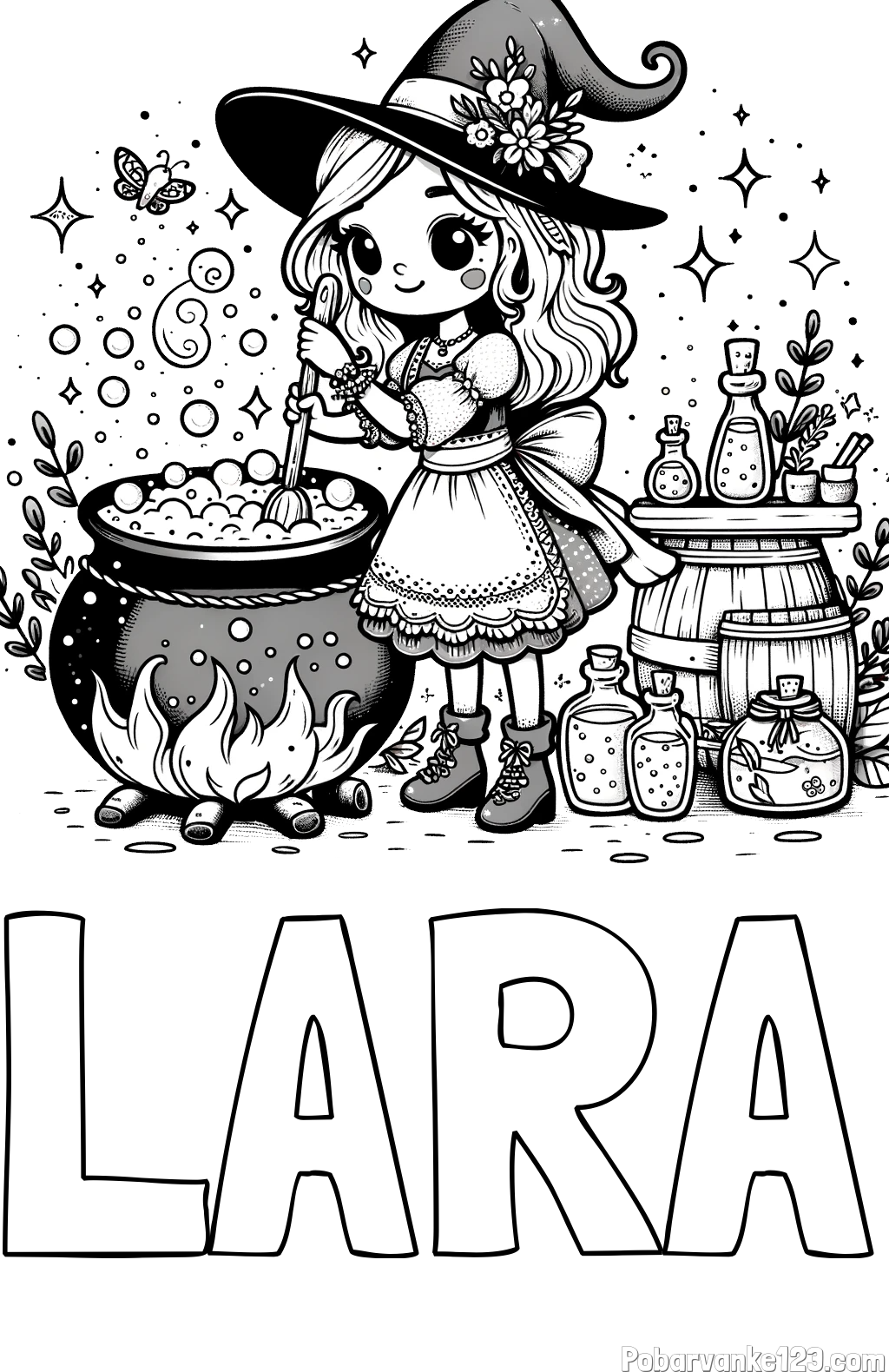 Pobarvanka imena LARA in pobarvanka prikupna čarovnica, ki pripravlja čarobni napoj