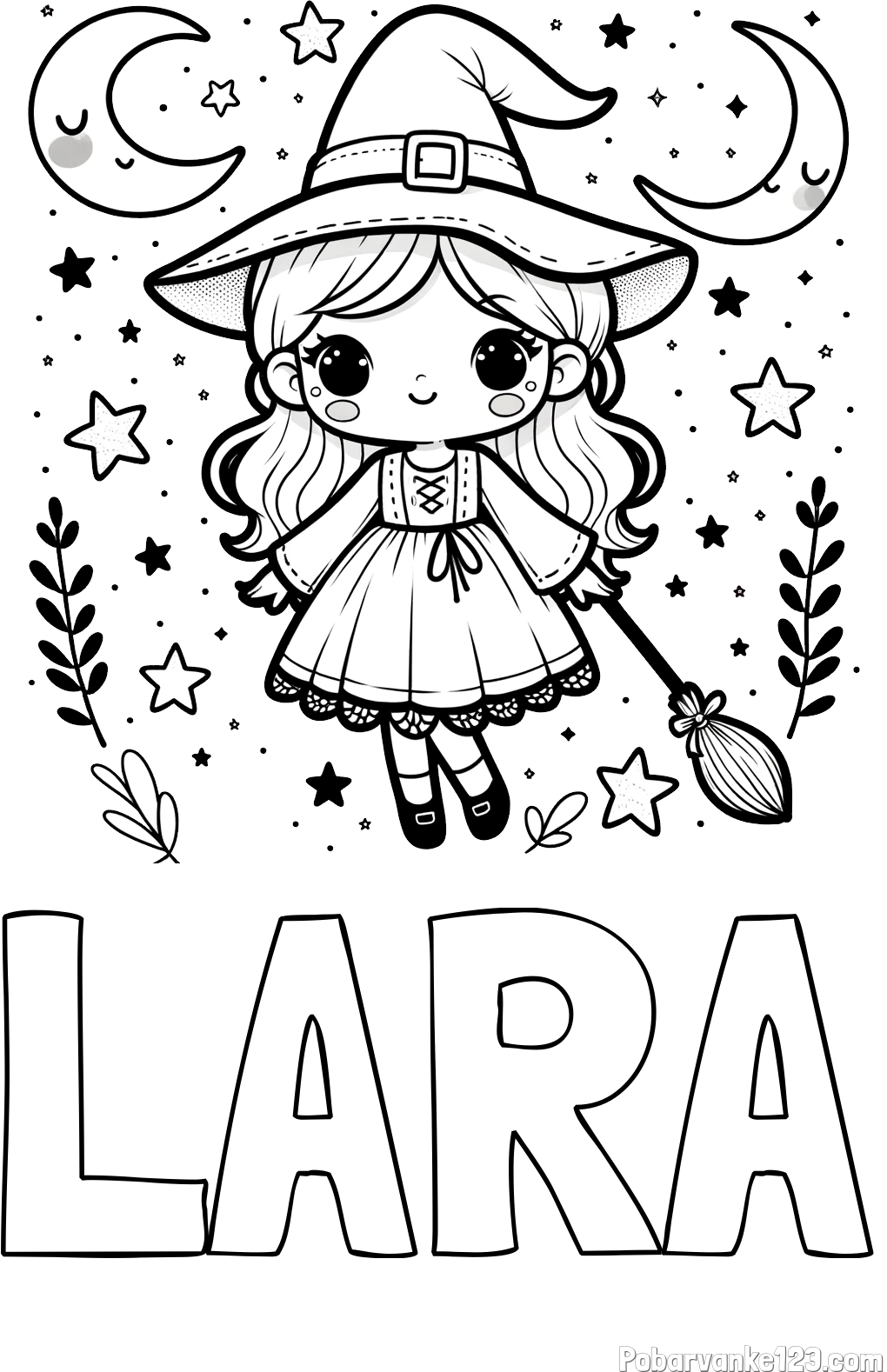 Pobarvanka imena LARA in pobarvanka prikupne čarovnice