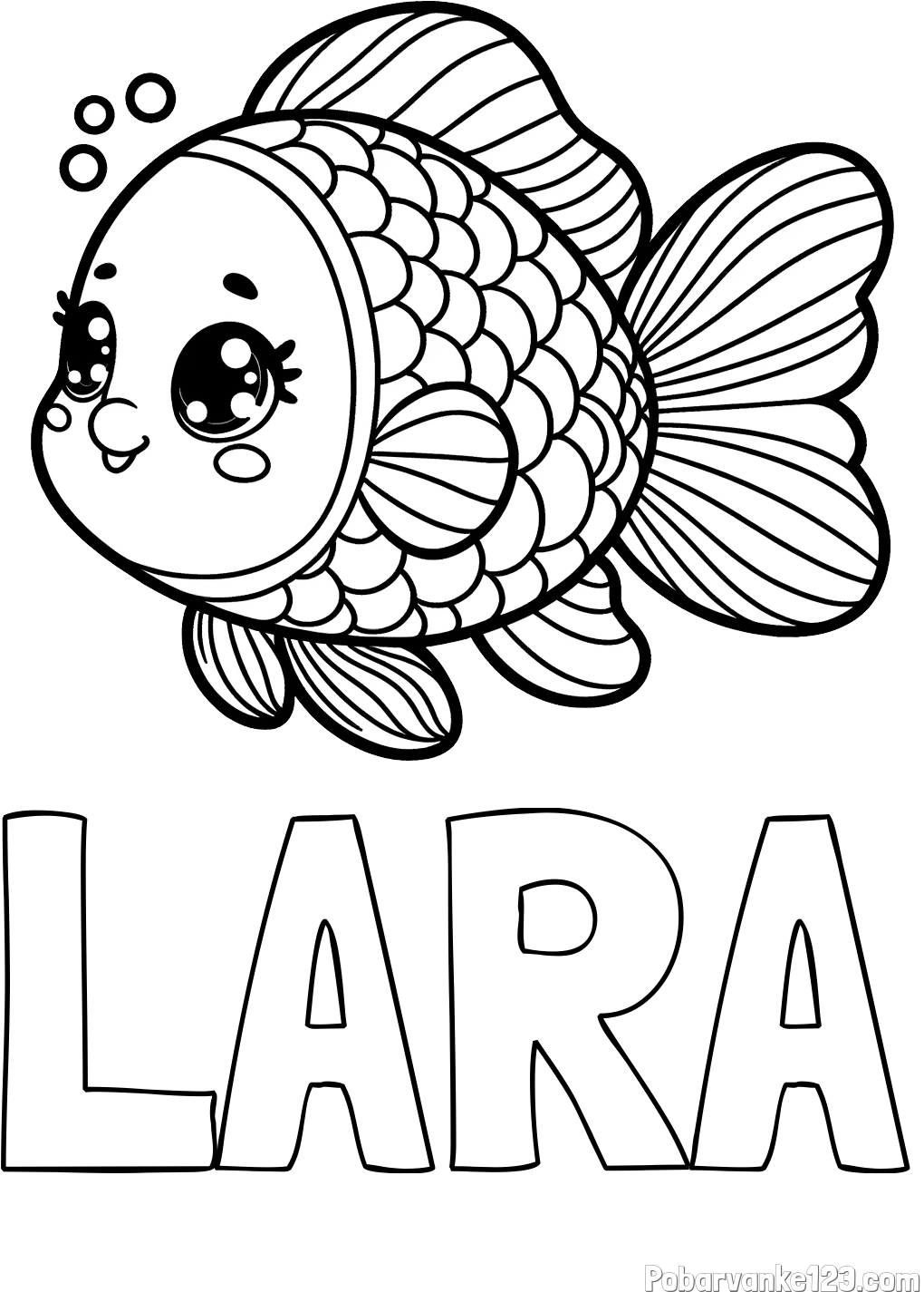 Pobarvanka imena LARA in pobarvanka ribe z bujnimi plavutmi