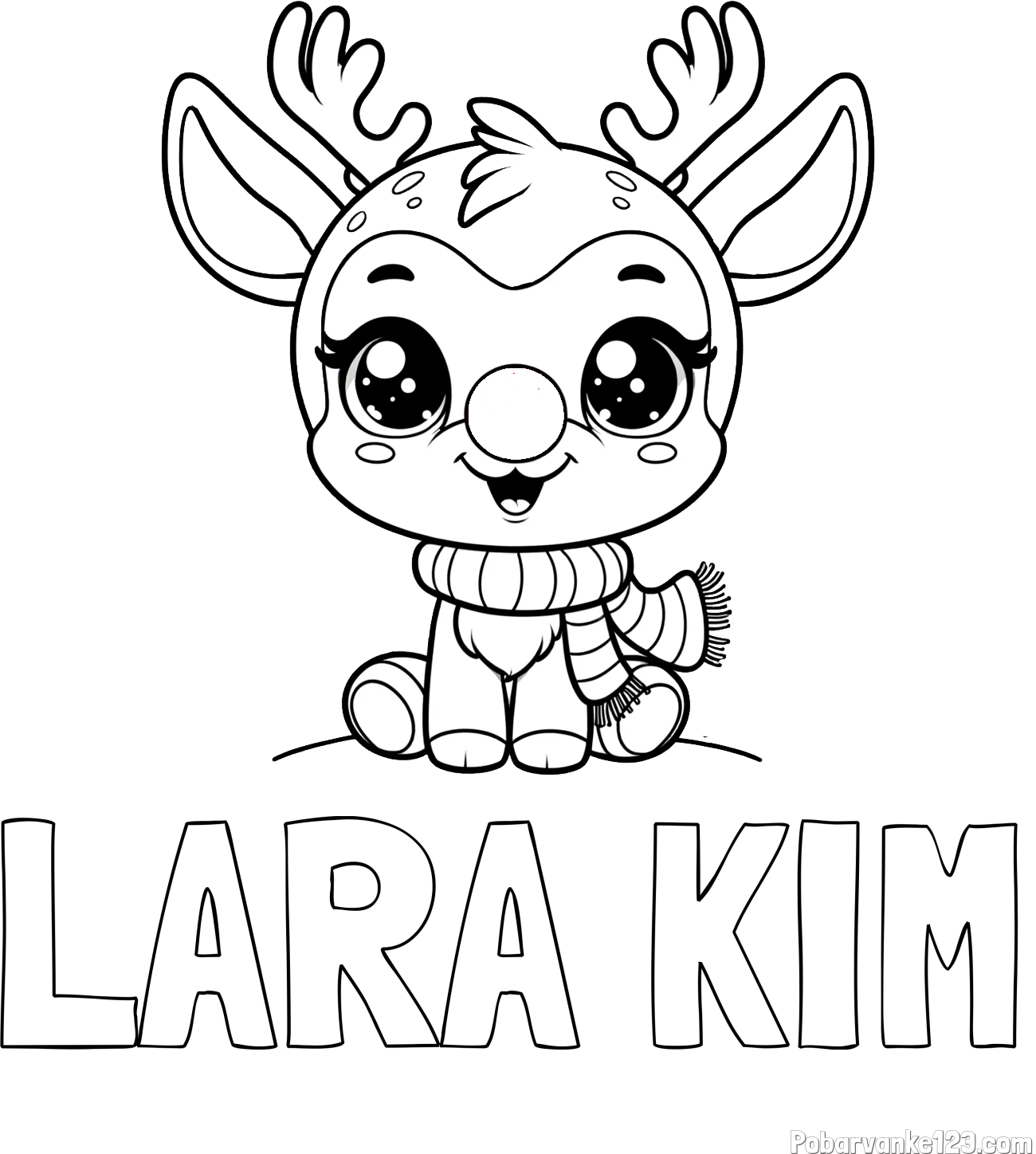 Pobarvanka imena LARA KIM in otroška pobarvanka jelenčka Rudolfa s šalom okoli vratu