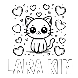 Online izdelana pobarvanka - Pobarvanka imena LARA KIM in pobarvanka ljubke mucke obdane z veliko srčki