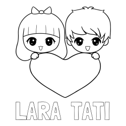 Online izdelana pobarvanka - Pobarvanka imena LARA  TATI in pobarvanka fantka in deklice, ki objemata srček