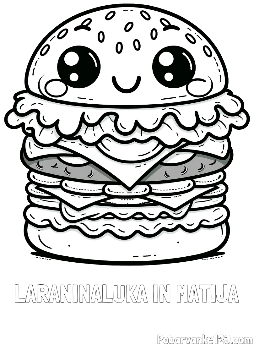 Pobarvanka imena LARANINALUKA IN MATIJA in otroška pobarvanka nasmejanega hamburgerja