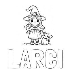 Online izdelana pobarvanka - Pobarvanka imena LARČI in Čudovita pobarvanka ljubke čarovnice in nasmejane mačke