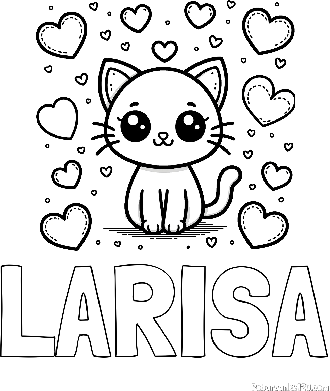 Pobarvanka imena LARISA in pobarvanka ljubke mucke obdane z veliko srčki
