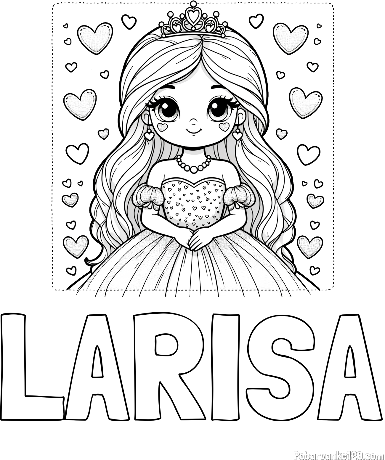 Pobarvanka imena LARISA in pobarvanka ljubke princese obdane s srčki