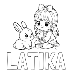 Online izdelana pobarvanka - Pobarvanka imena LATIKA in pobarvanka ljubke punčke, ki se igra z zajčkom