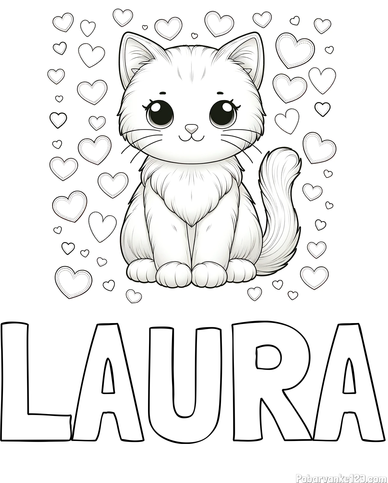 Pobarvanka imena LAURA in pobarvanka ljubke mucke obdane s srčki