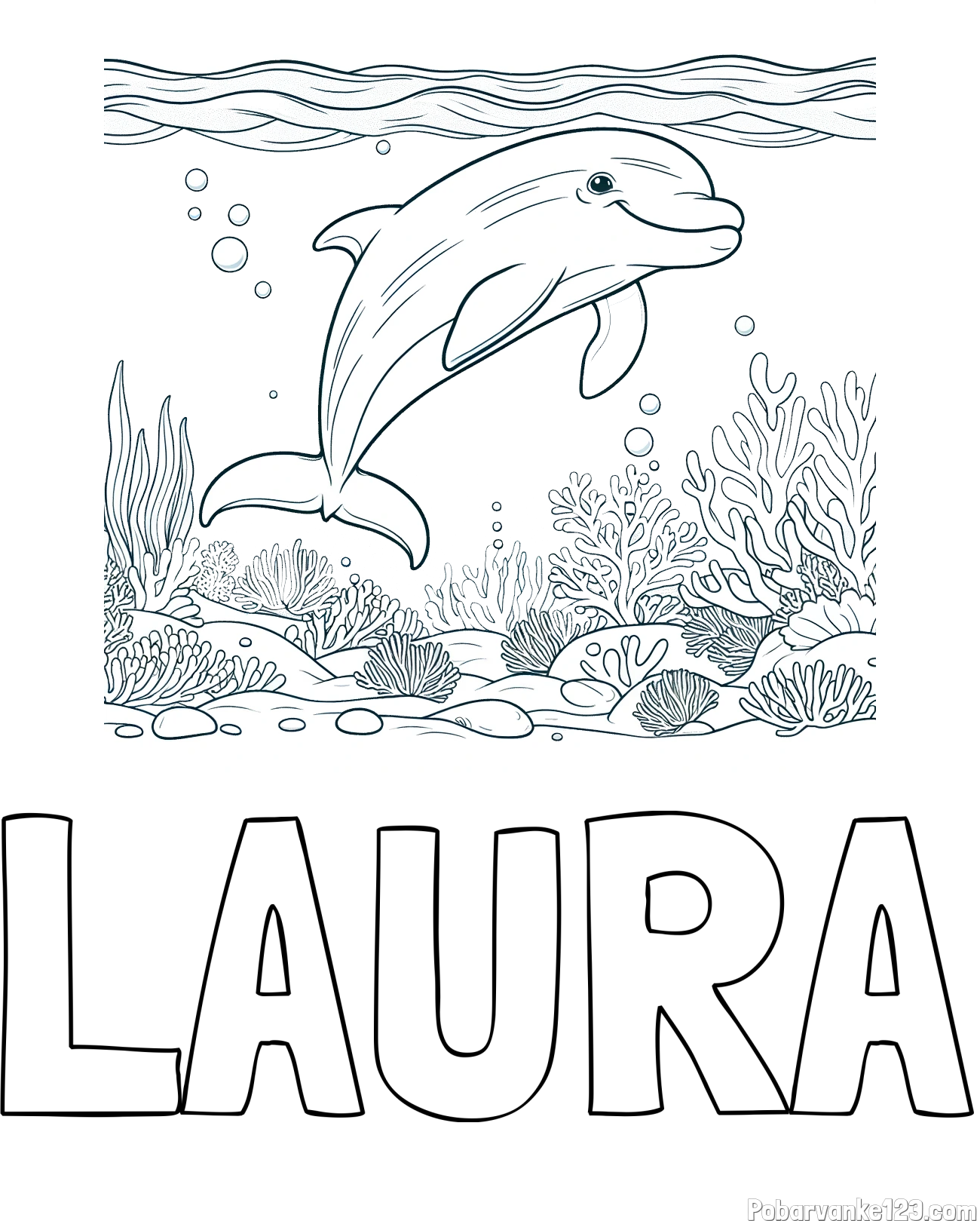 Pobarvanka imena LAURA in pobarvanka ljubkega delfina med plavanjem v morju