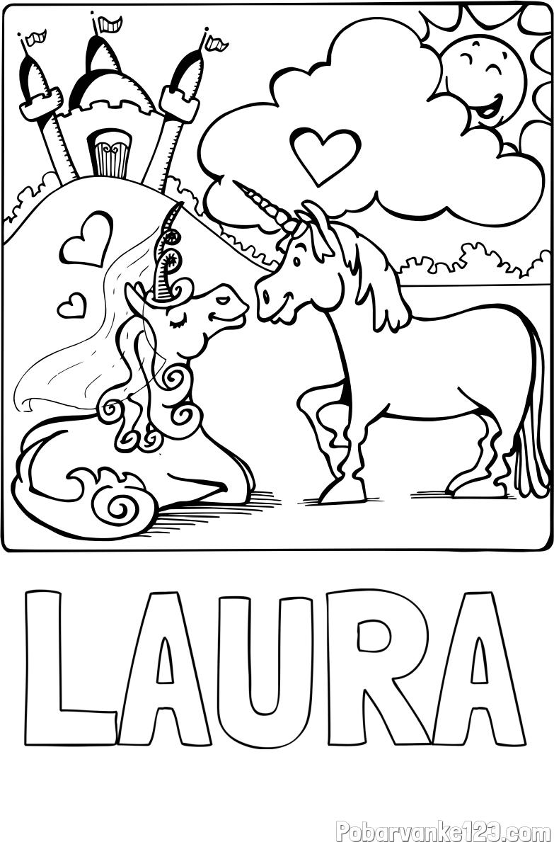Pobarvanka imena LAURA in pobarvanka zaljubljenih samorogov