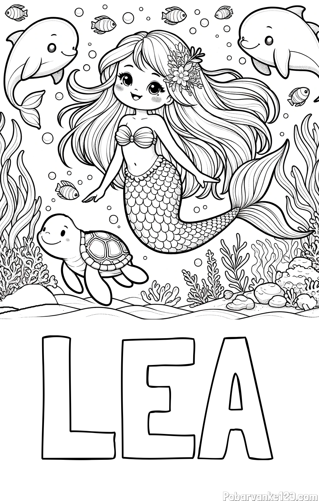 Pobarvanka imena LEA in pobarvana ljubke morske deklice s prijatelji