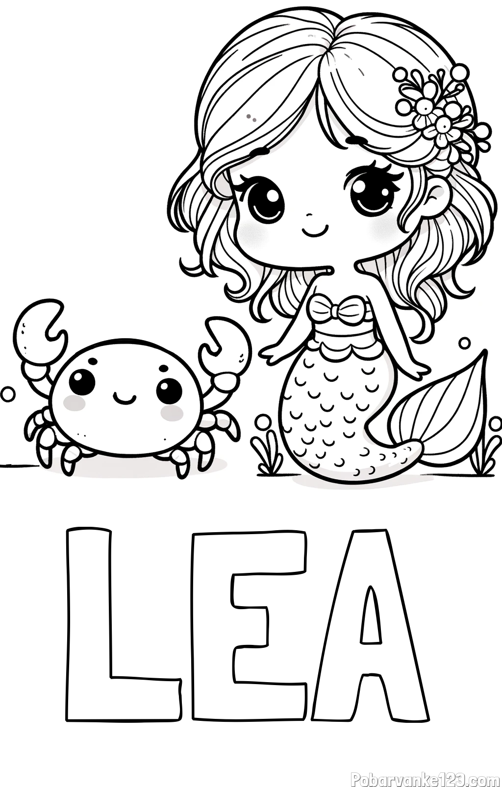 Pobarvanka imena LEA in pobarvanka ljubke morske deklice in veselega raka
