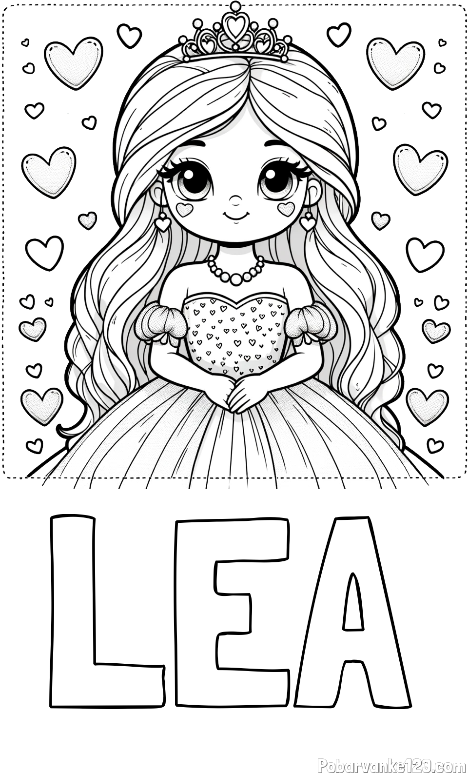 Pobarvanka imena LEA in pobarvanka ljubke princese obdane s srčki