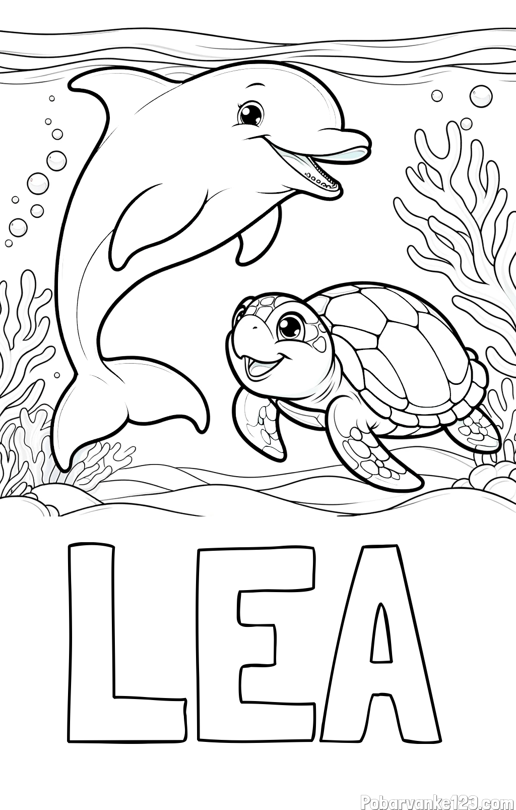 Pobarvanka imena LEA in pobarvanka ljubkega delfina z želvo v morju