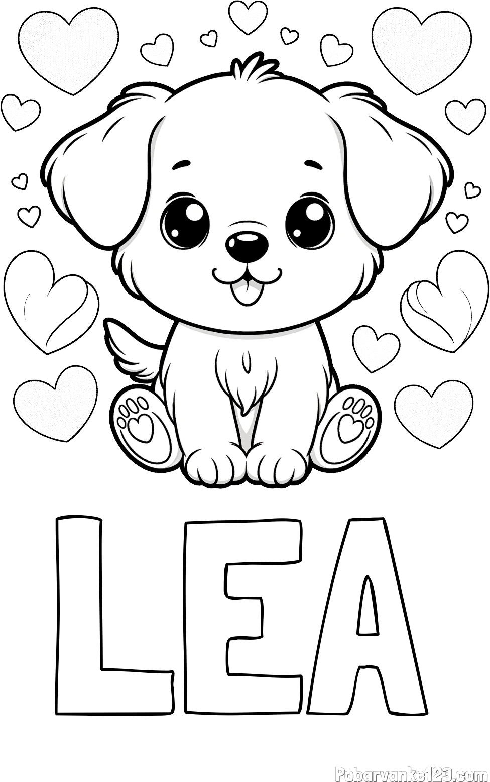 Pobarvanka imena LEA in pobarvanka ljubkega kužka obdanega s srčki
