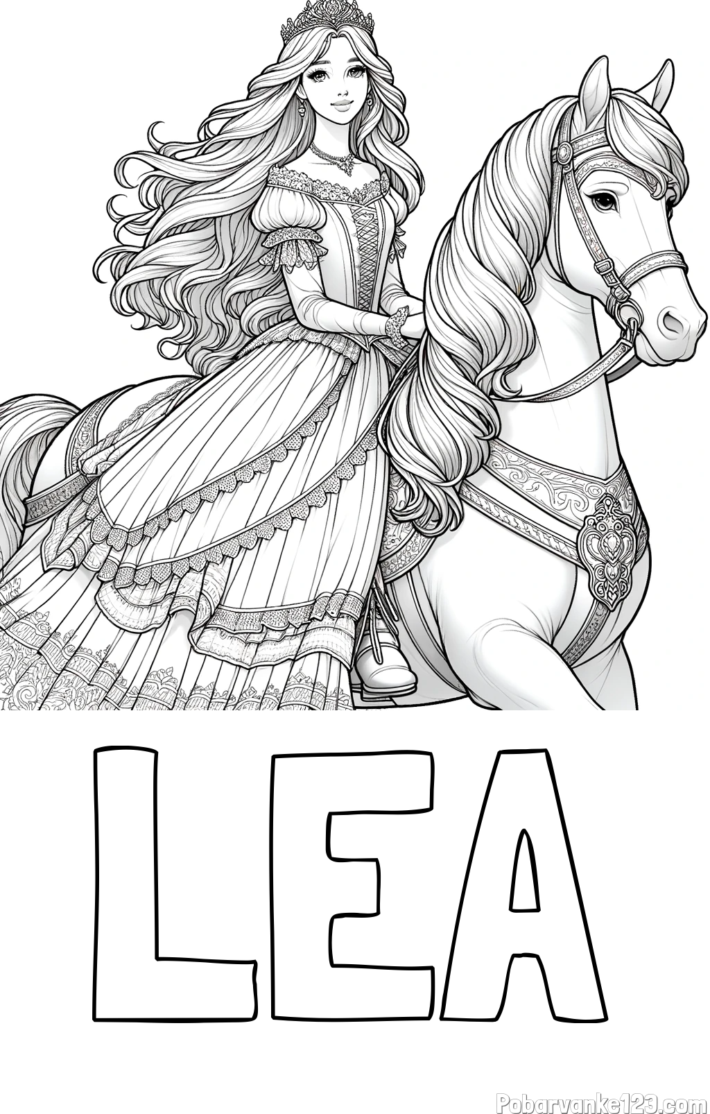 Pobarvanka imena LEA in pobarvanka nasmejana princese na konju