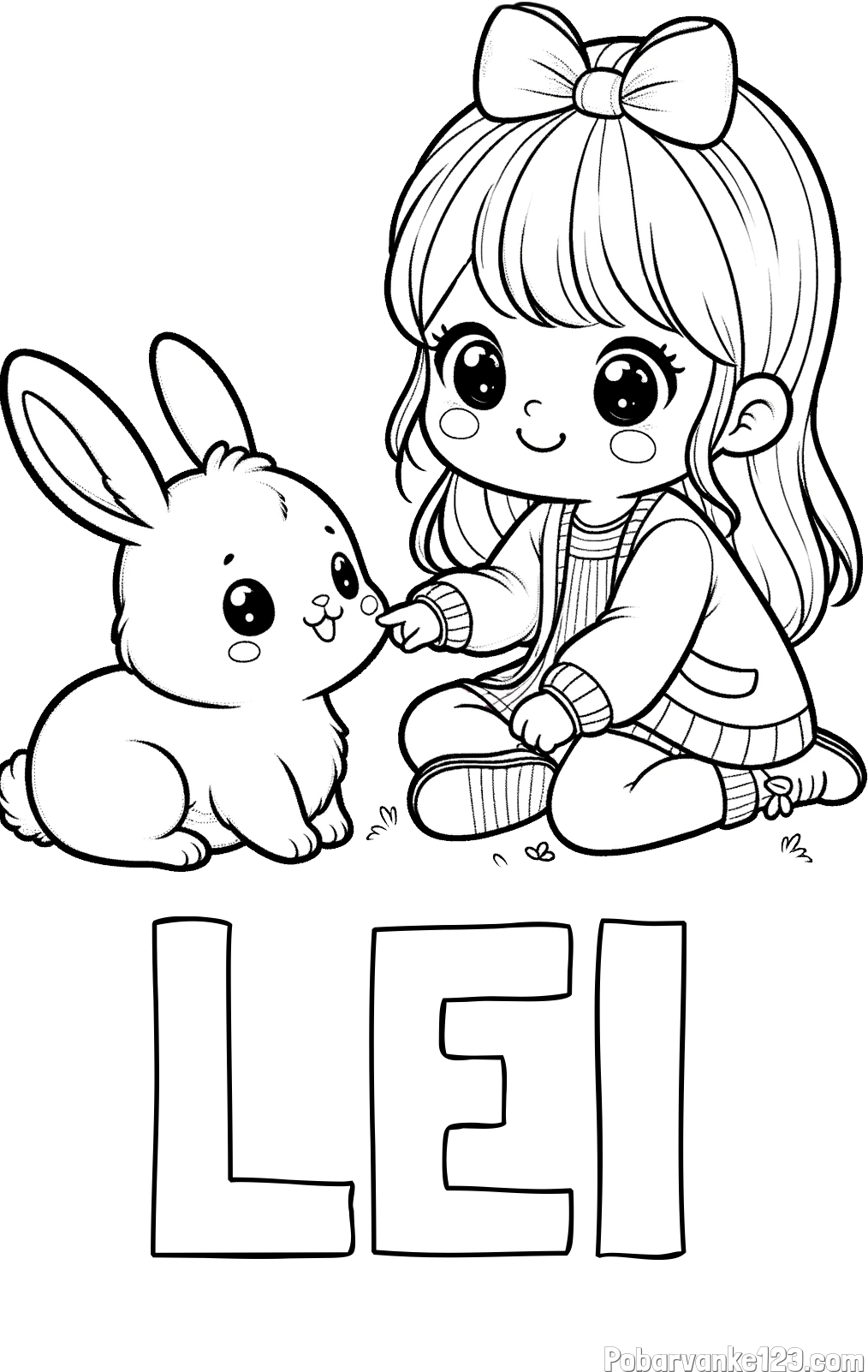 Pobarvanka imena LEI in pobarvanka ljubke punčke, ki se igra z zajčkom