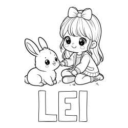 Online izdelana pobarvanka - Pobarvanka imena LEI in pobarvanka ljubke punčke, ki se igra z zajčkom