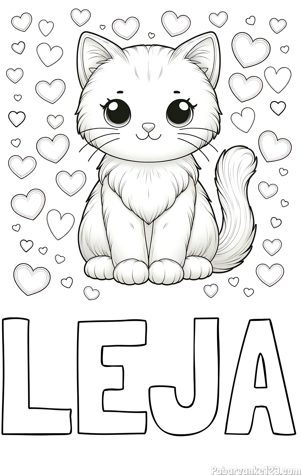 Pobarvanka imena LEJA in pobarvanka ljubke mucke obdane s srčki