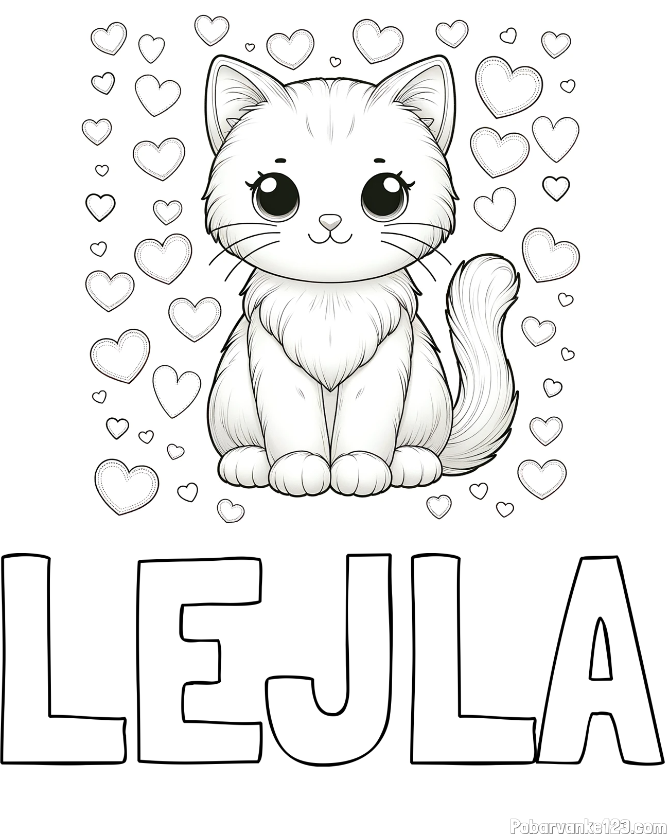 Pobarvanka imena LEJLA in pobarvanka ljubke mucke obdane s srčki