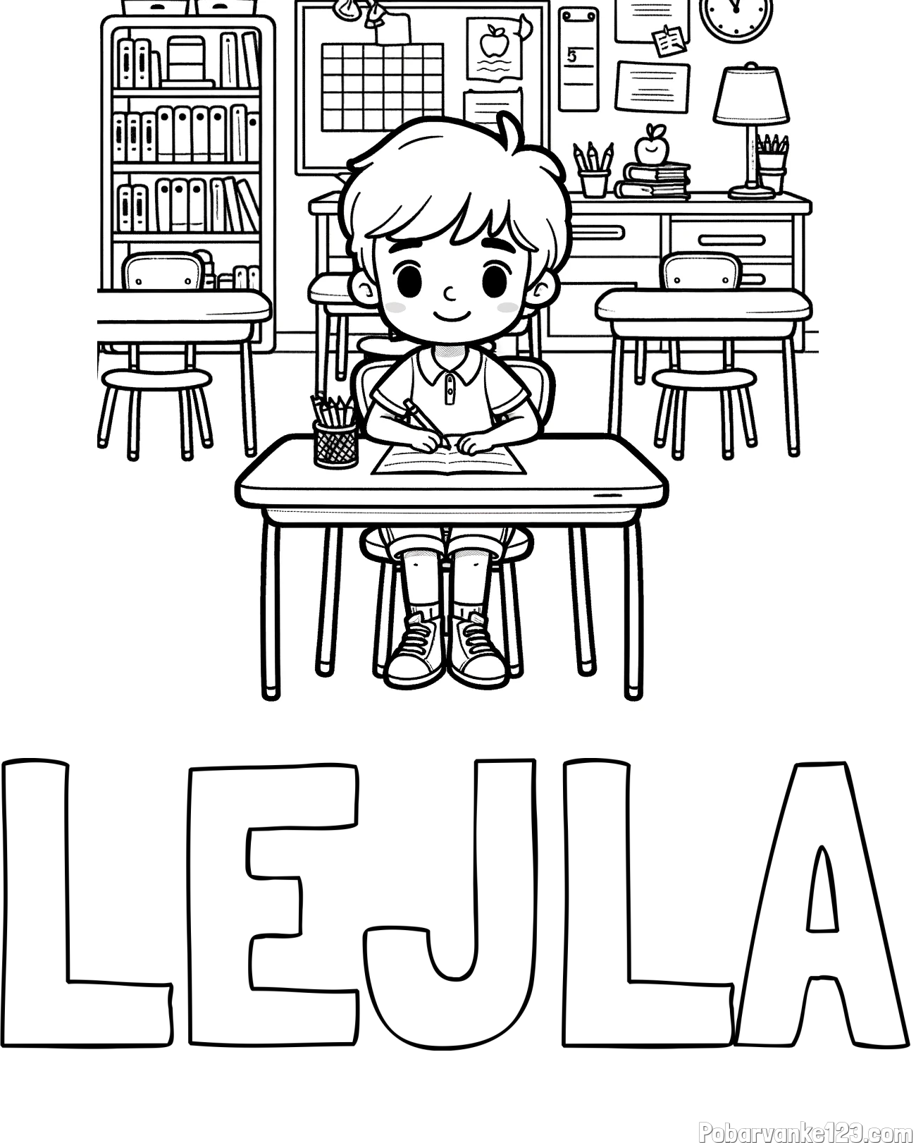 Pobarvanka imena LEJLA in pobarvanka učenca v učilnici