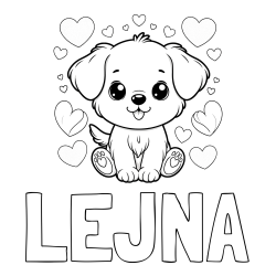 Online izdelana pobarvanka - Pobarvanka imena LEJNA in pobarvanka ljubkega kužka obdanega s srčki