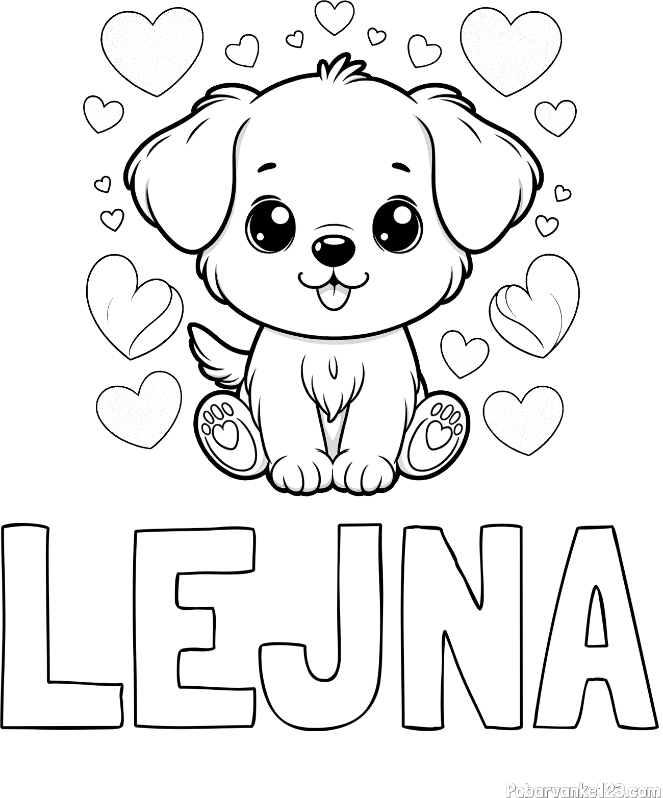 Pobarvanka imena LEJNA in pobarvanka ljubkega kužka obdanega s srčki