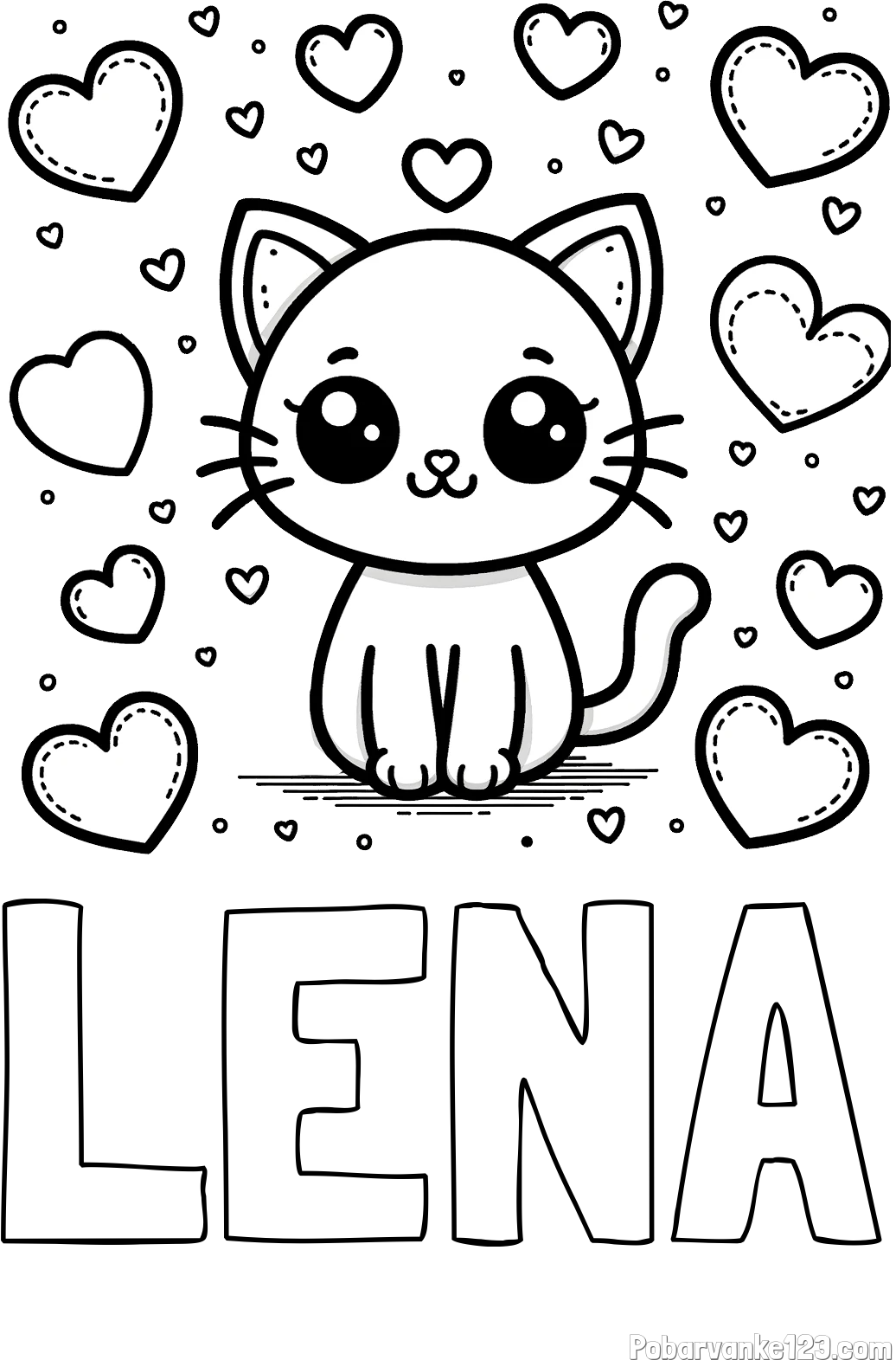 Pobarvanka imena LENA in pobarvanka ljubke mucke obdane z veliko srčki