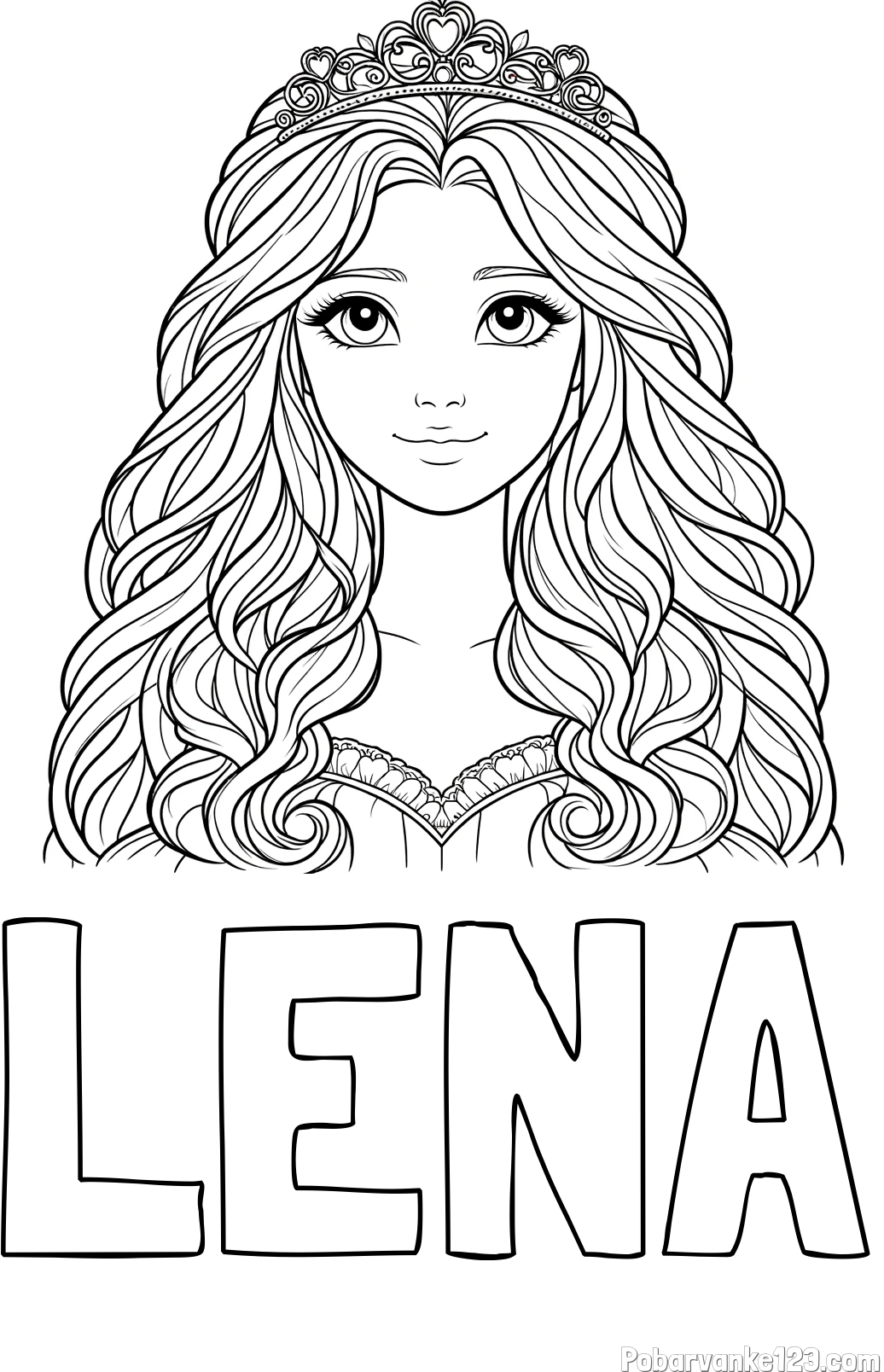 Pobarvanka imena LENA in pobarvanka ljubke princese z bujnimi lasmi