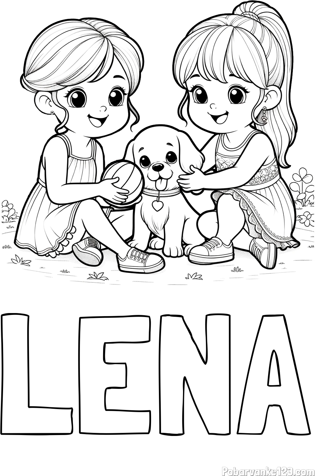 Pobarvanka imena LENA in pobarvanka prijateljic s kužkom