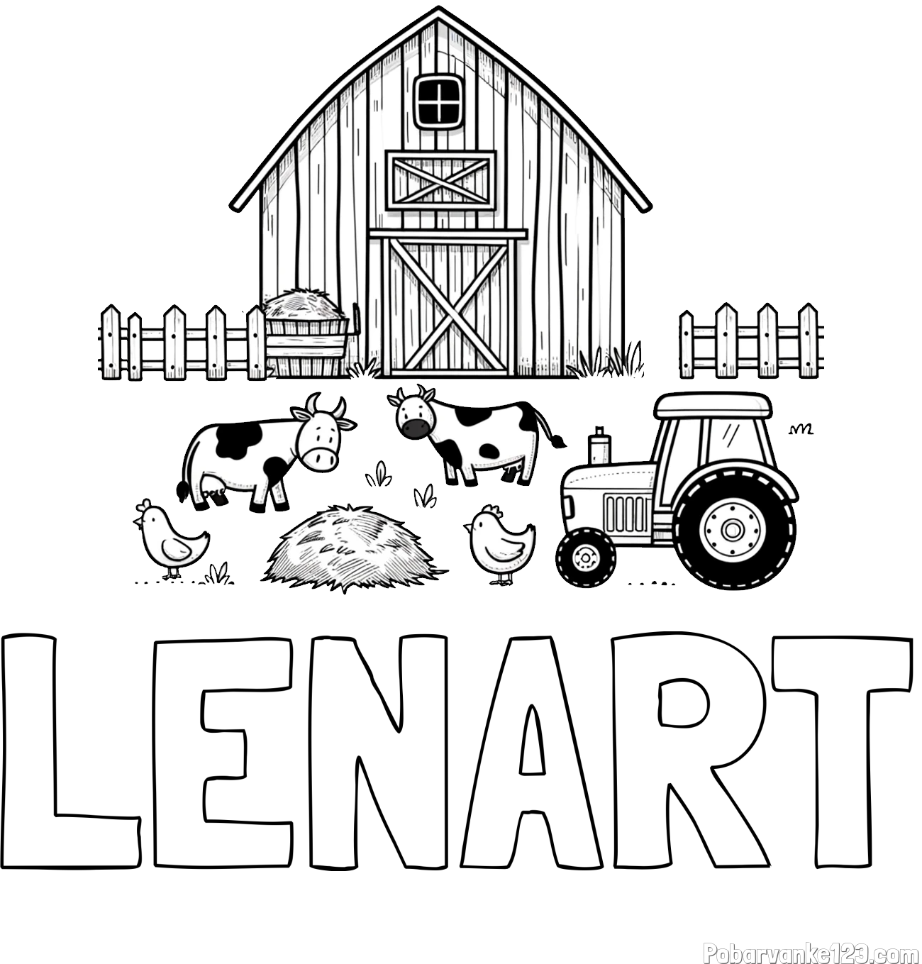 Pobarvanka imena LENART in otroška pobarvanka velikega senika, krav in traktorja