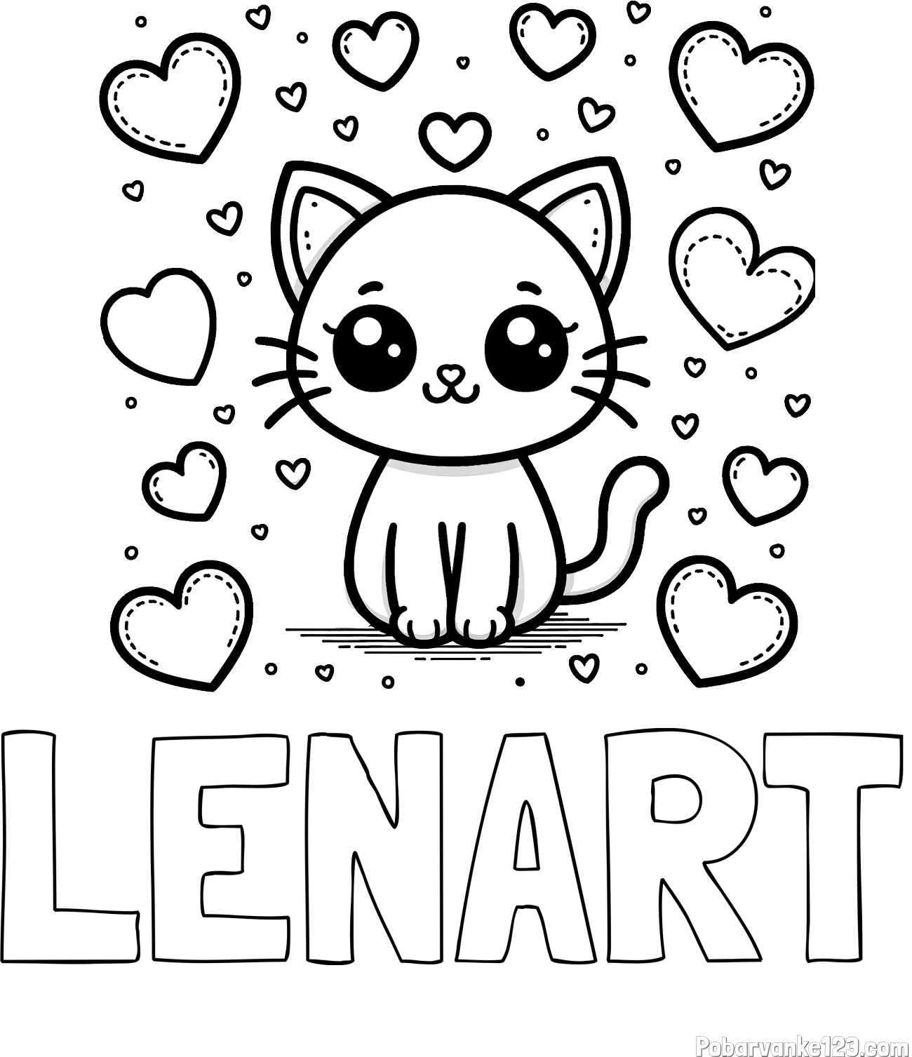Pobarvanka imena LENART in pobarvanka ljubke mucke obdane z veliko srčki