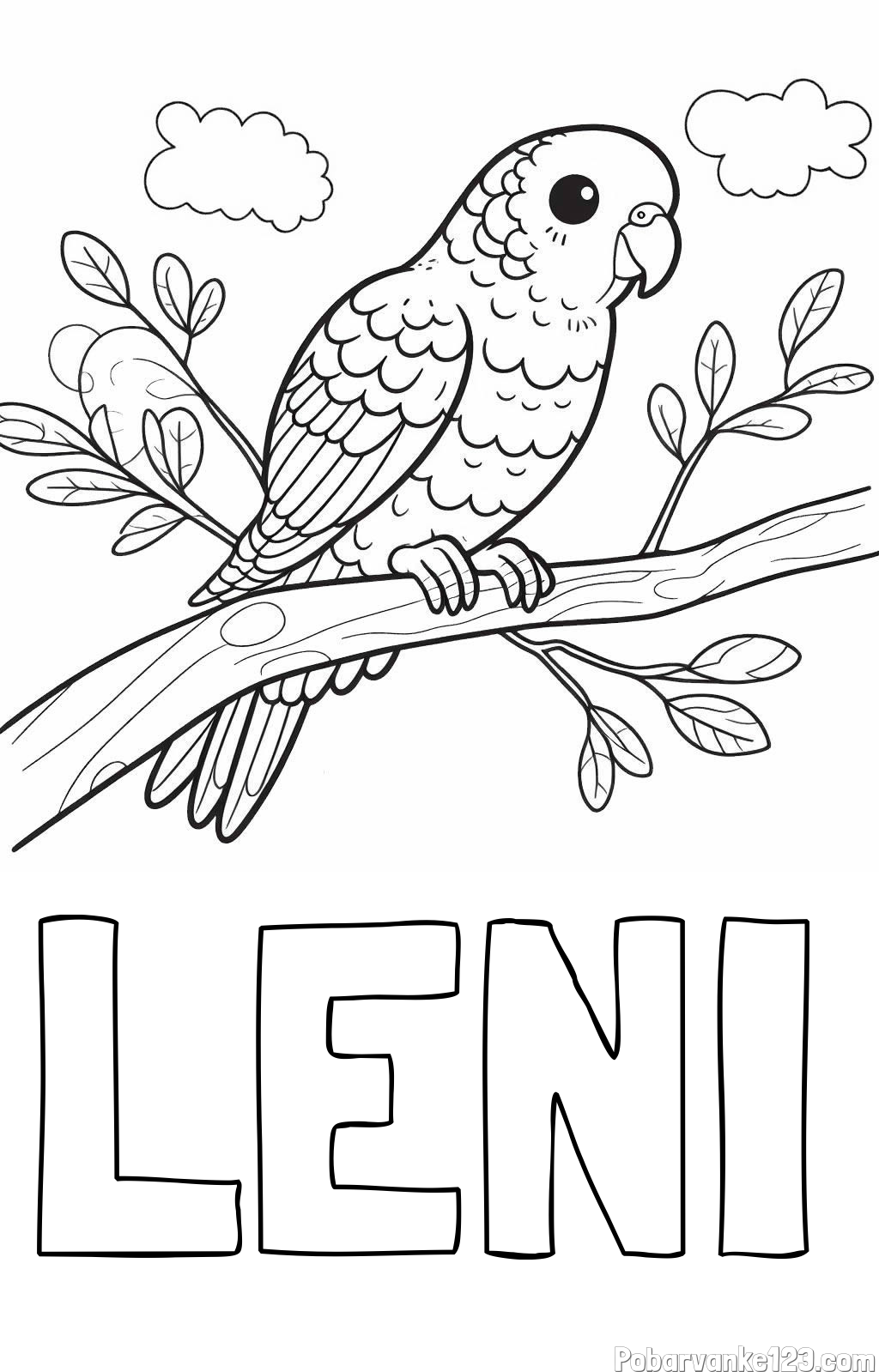 Pobarvanka imena LENI in pobarvanka ljubkega kanarčka na veji