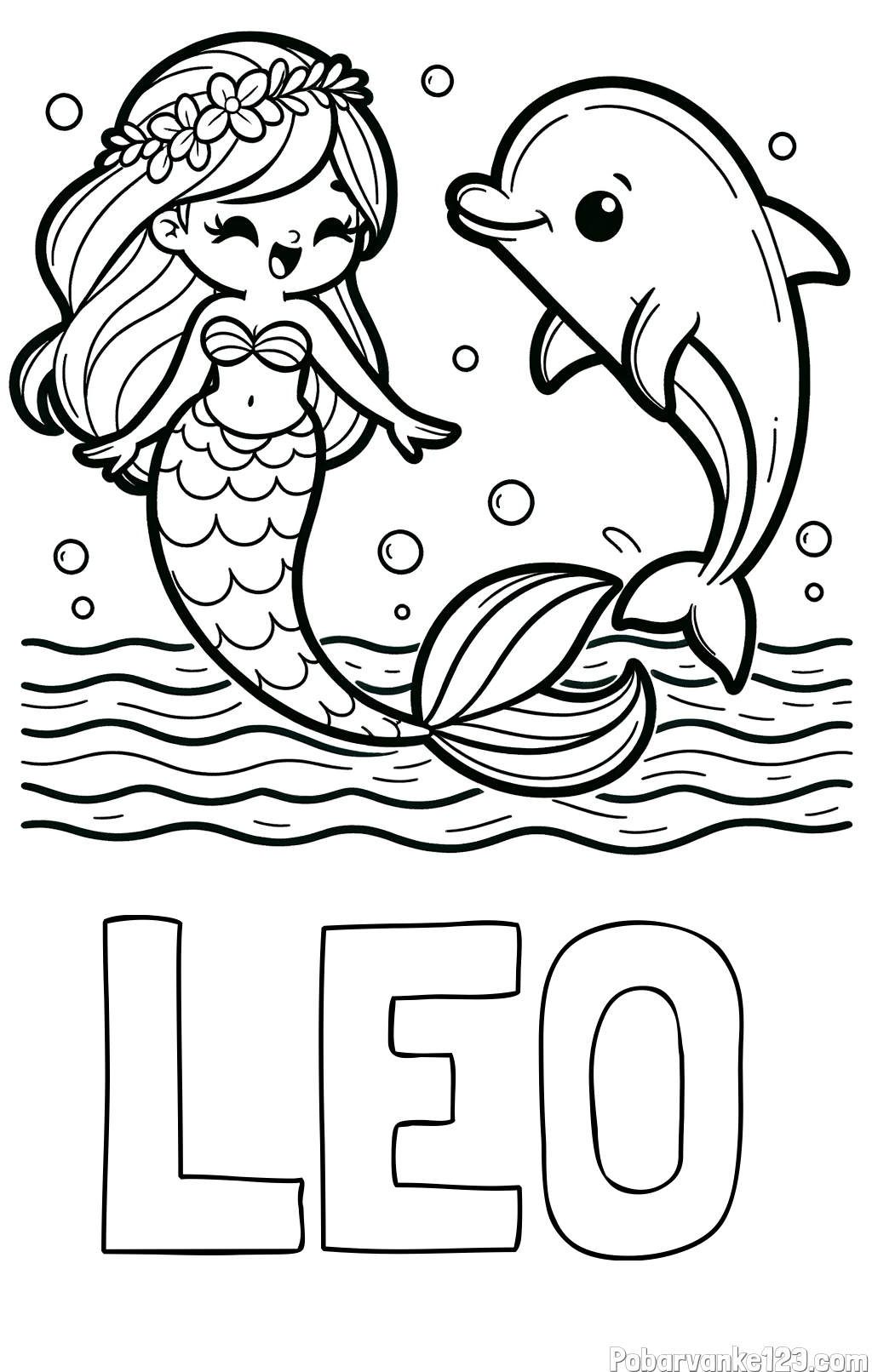Pobarvanka imena LEO in pobarvanka ljubke morske deklice, ki pleše z delfinom
