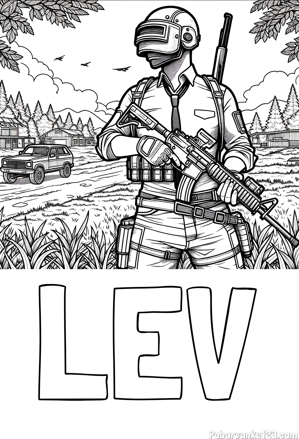 Pobarvanka imena LEV in PUB pobarvanka bojišča ter osrednjega lika