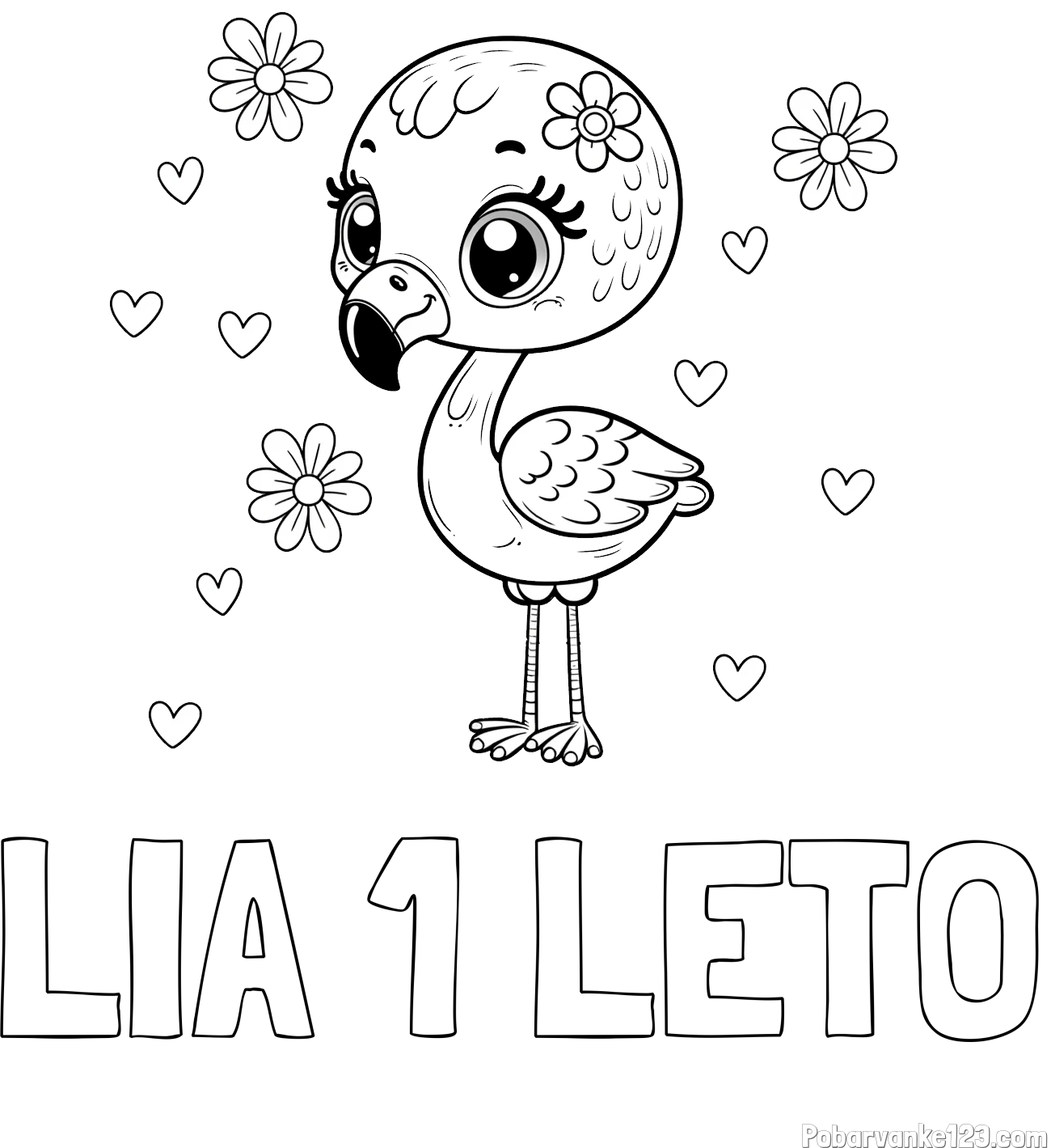 Pobarvanka imena LIA 1 LETO in pobarvanka mladička flaminga z rožicami in srčki