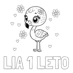 Online izdelana pobarvanka - Pobarvanka imena LIA 1 LETO in pobarvanka mladička flaminga z rožicami in srčki