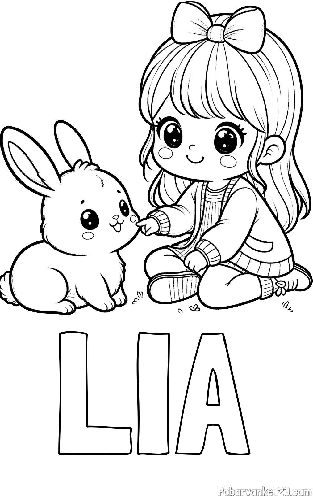 Pobarvanka imena LIA in pobarvanka ljubke punčke, ki se igra z zajčkom