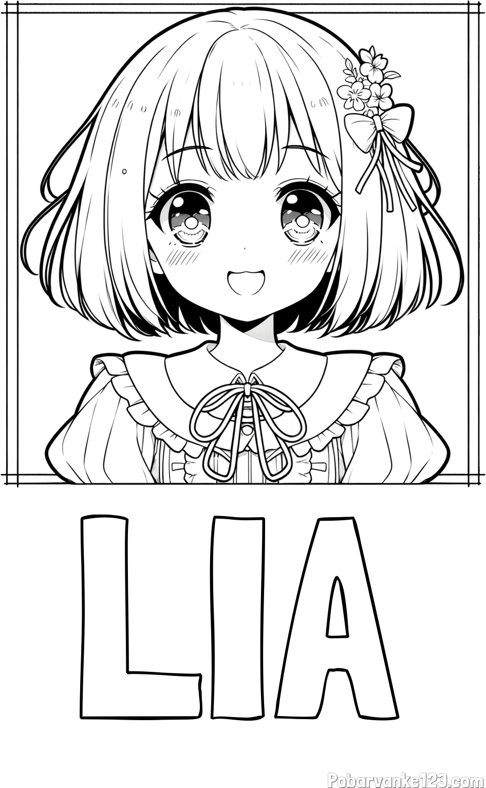 Pobarvanka imena LIA in pobarvanka ljubke punčke v anime slogu